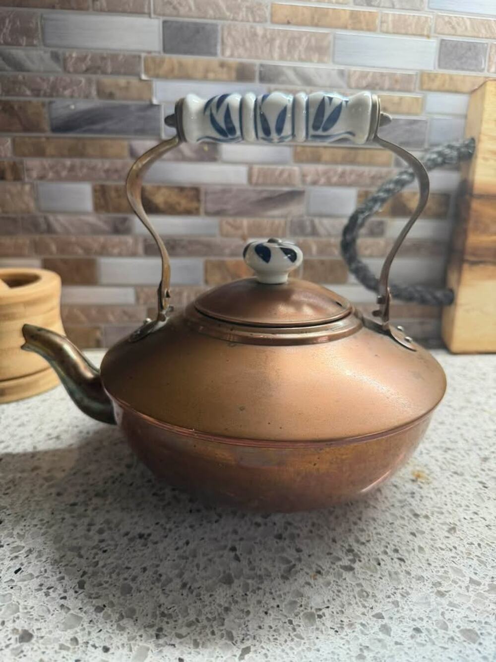 Vintage Copper Tea Kettle with Blue White Ceramic Handle | Cottage Farmhouse